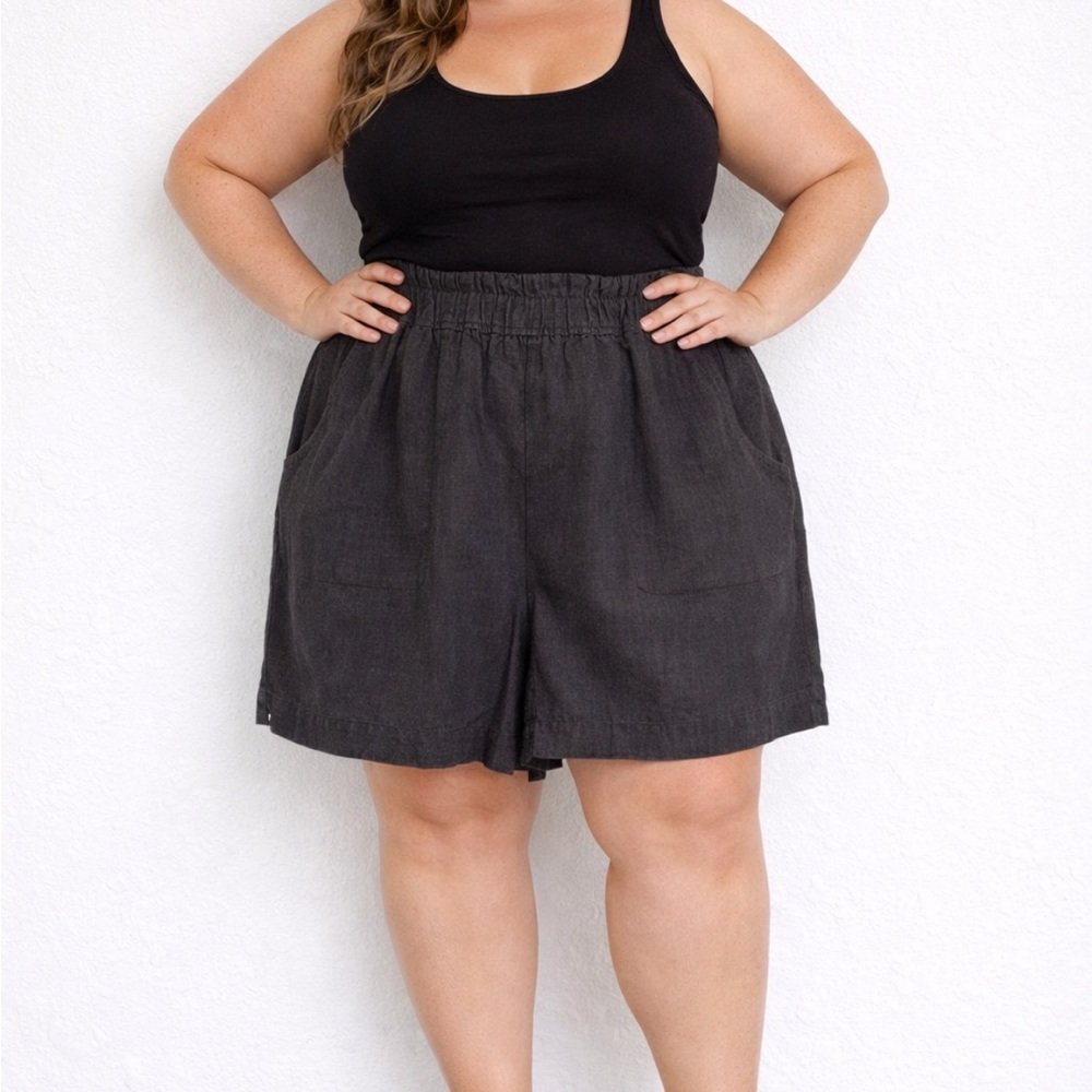 Ellos black high rise linen blend elastic waist casual pocket shorts size 16